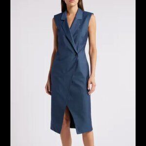 NWT BOSS Delibea Women's Sleeveless Button Front Dress in Virgin Wool Blue 8
